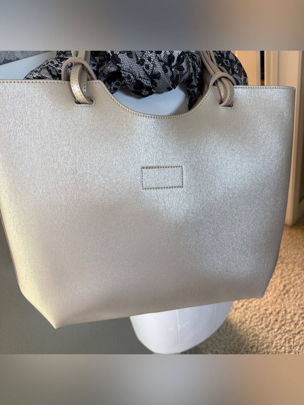 NWOT Neiman Marcus Pearlized Champagne Faux Leather Tote Bag
